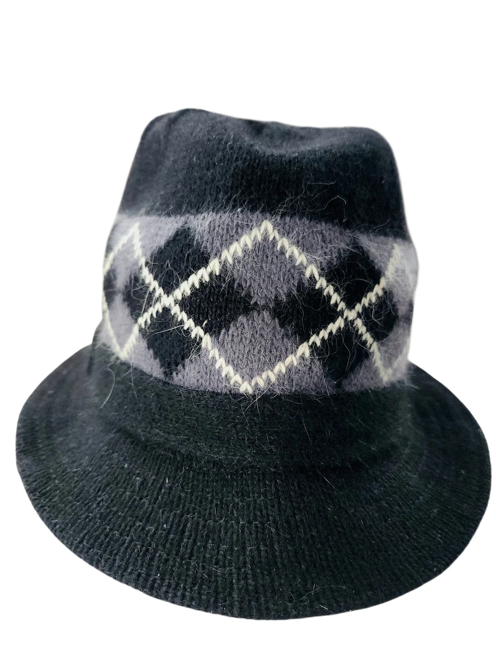 Fedora Cloche Bucket Hat Black And Grey Argyle Knit Wool/ Angora - Unbranded